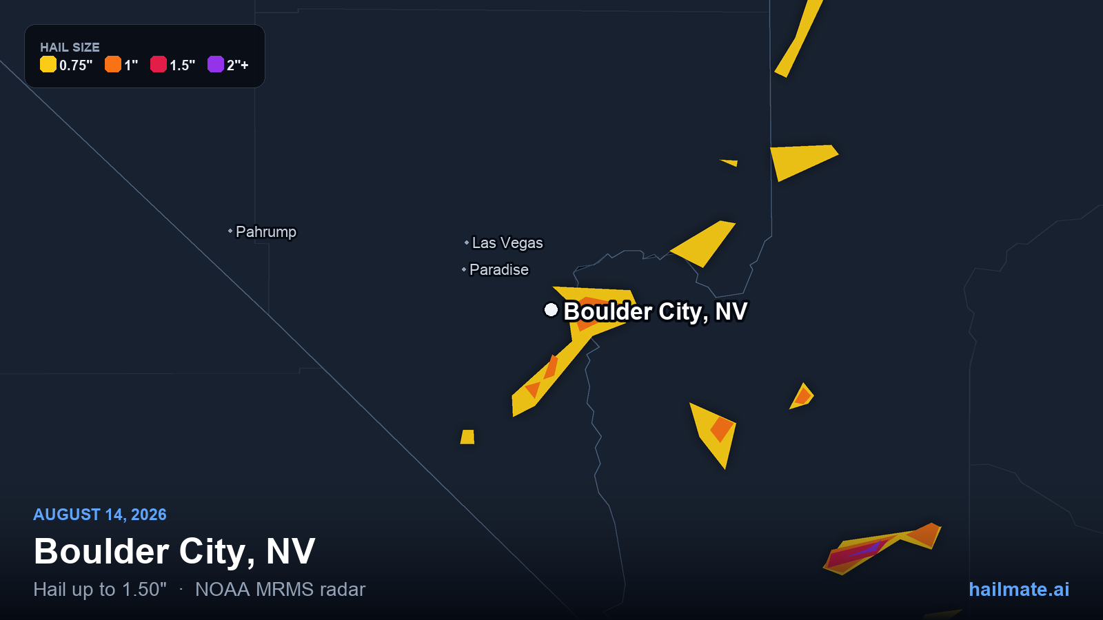 Hail swath map for Boulder City, NV on August 14, 2026 showing 1.50 inch hail.