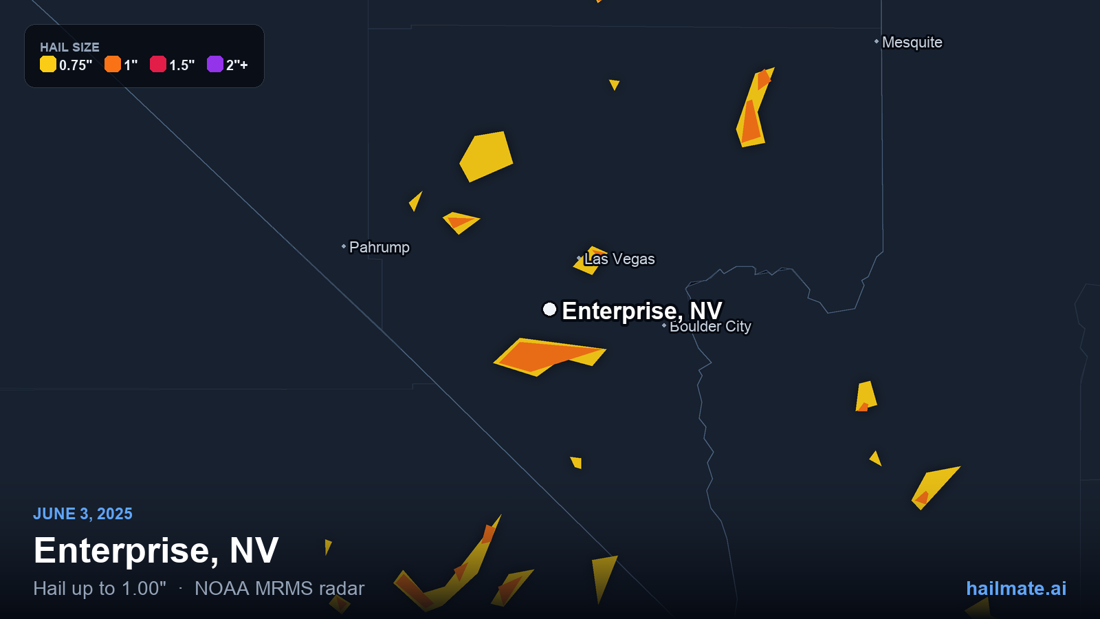Hail swath map for Enterprise, NV on June 3, 2025 showing 1.00 inch hail.