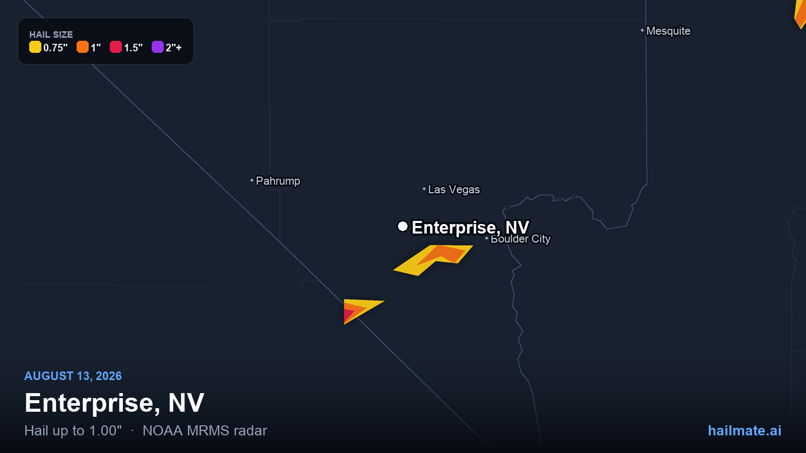 Hail swath map for Enterprise, NV on August 13, 2026 showing 1.00 inch hail.