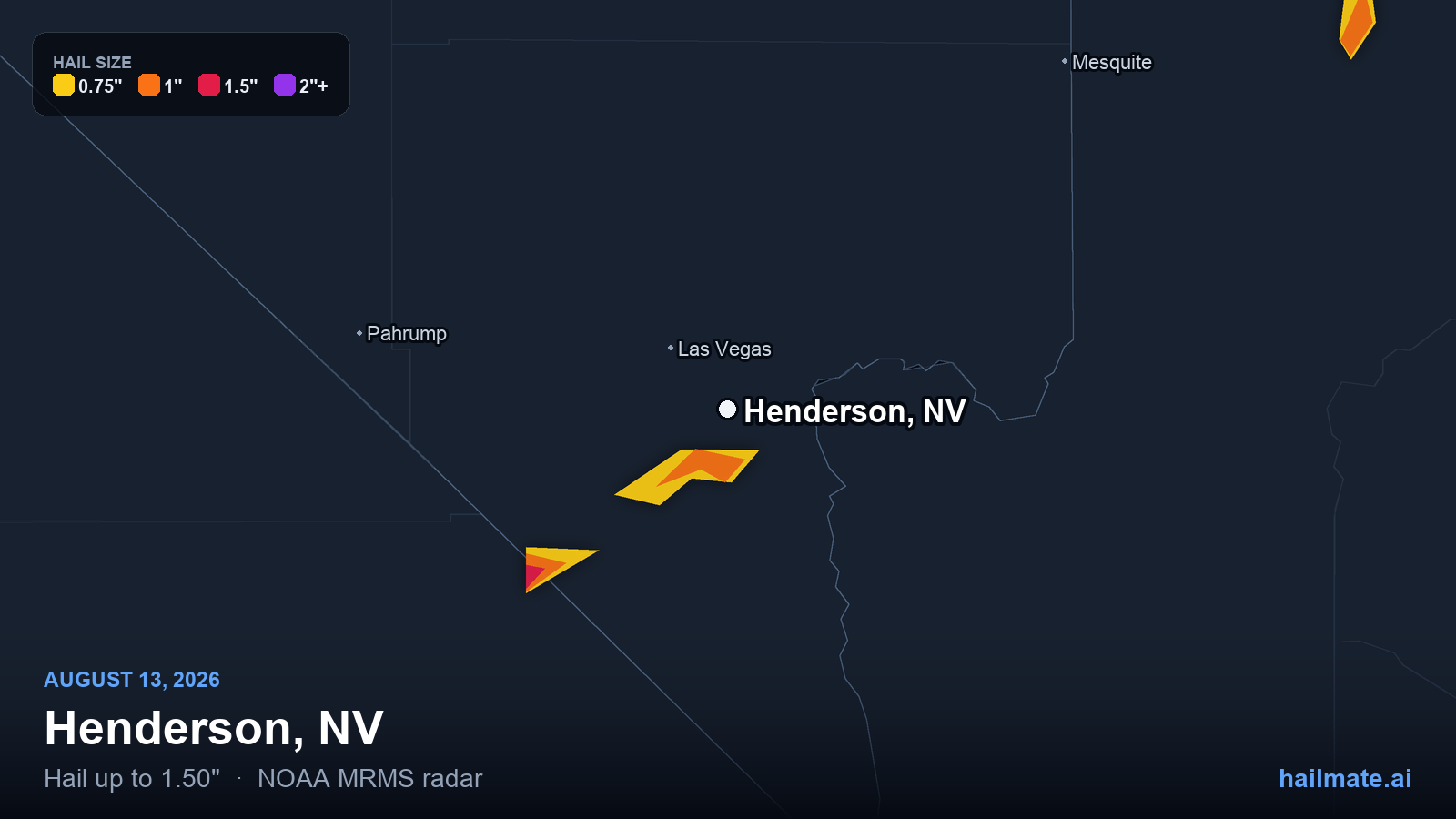 Hail swath map for Henderson, NV on August 13, 2026 showing 1.50 inch hail.