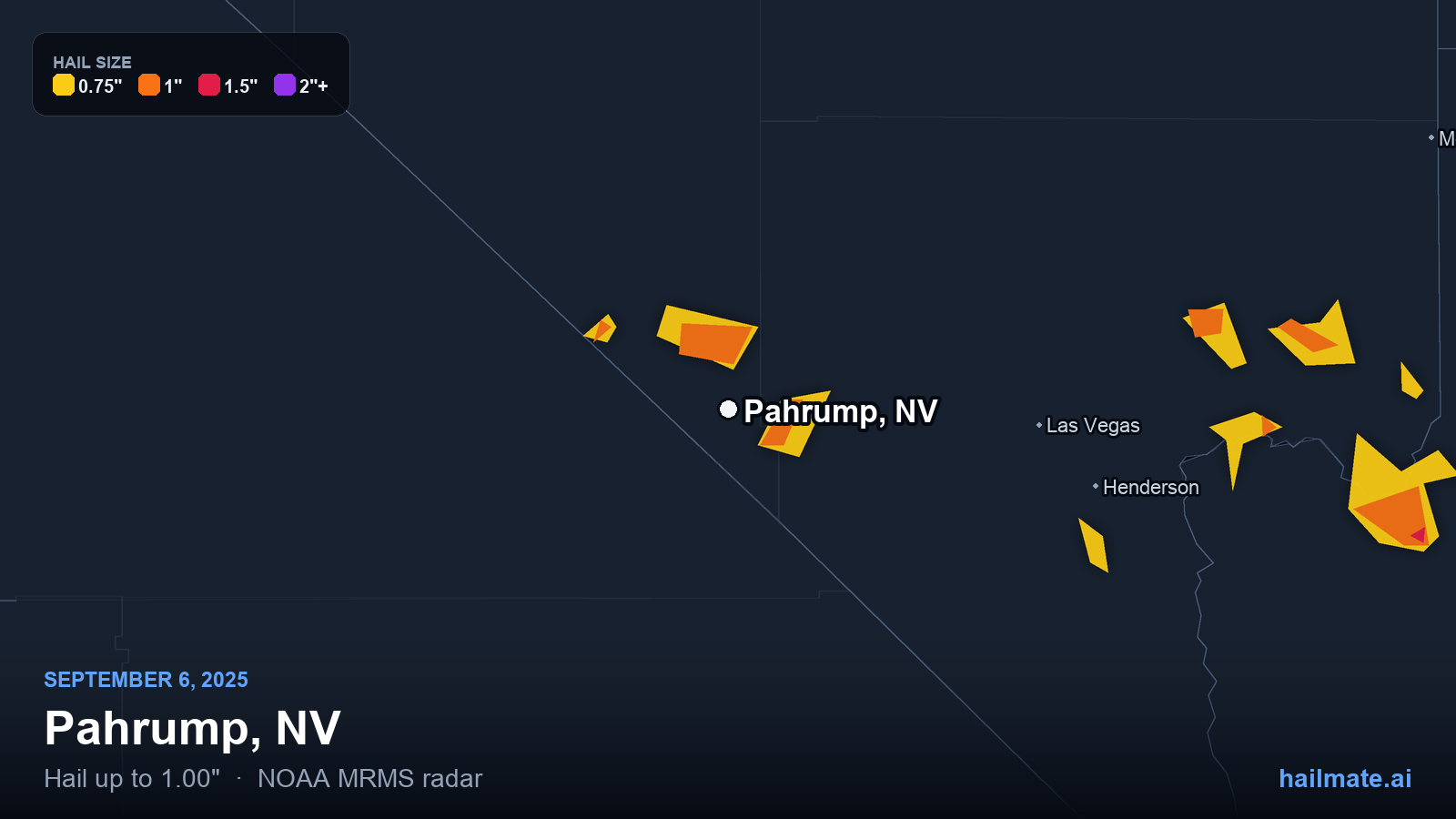 Hail swath map for Pahrump, NV on September 6, 2025 showing 1.00 inch hail.