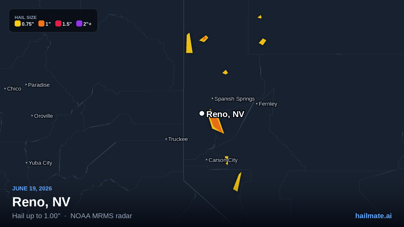 Hail swath map showing 1.00 inch hail over Reno, Nevada on June 19, 2026.