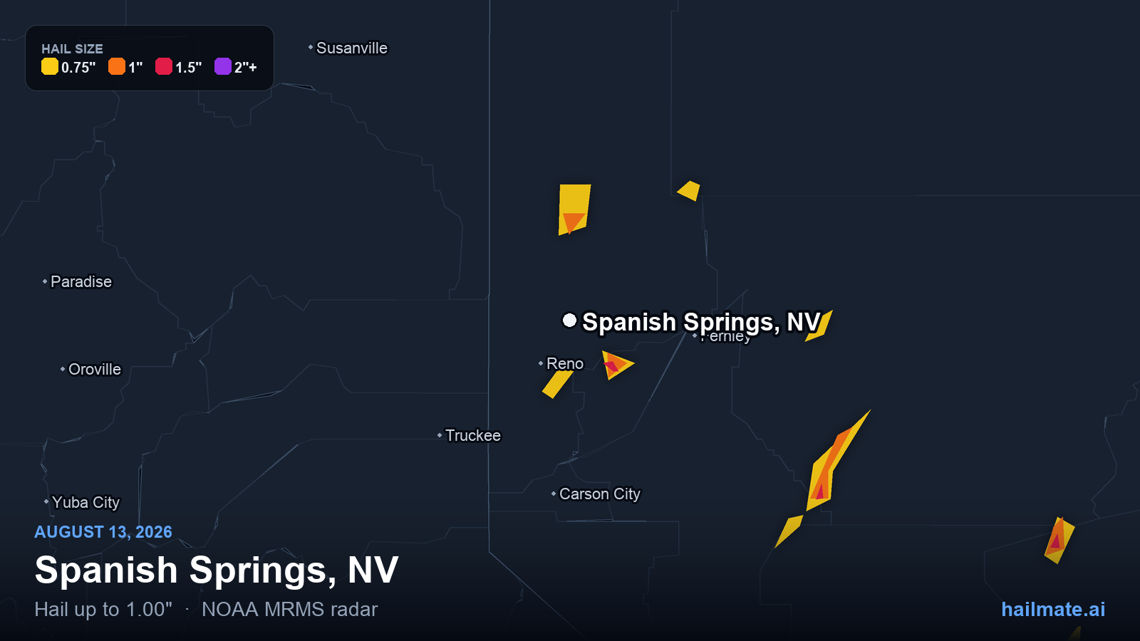 Hail swath map for Spanish Springs, NV on August 13, 2026 showing 1.00 inch hail.