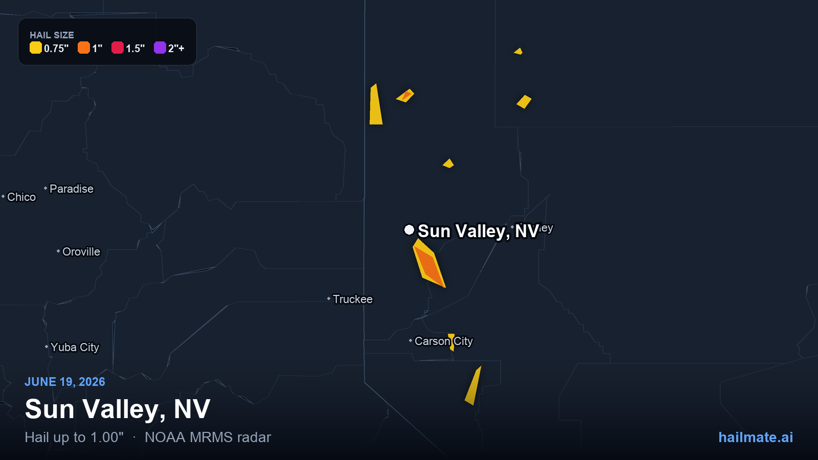 Hail swath map for Sun Valley, NV on June 19, 2026 showing 1.00 inch hail.