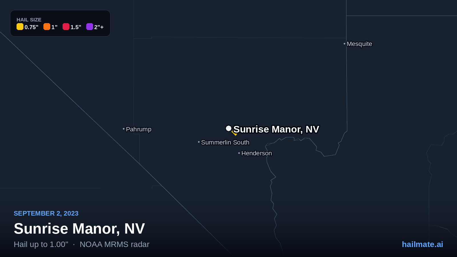 Hail swath map for Sunrise Manor, NV on September 2, 2023 showing 1.00 inch hail.