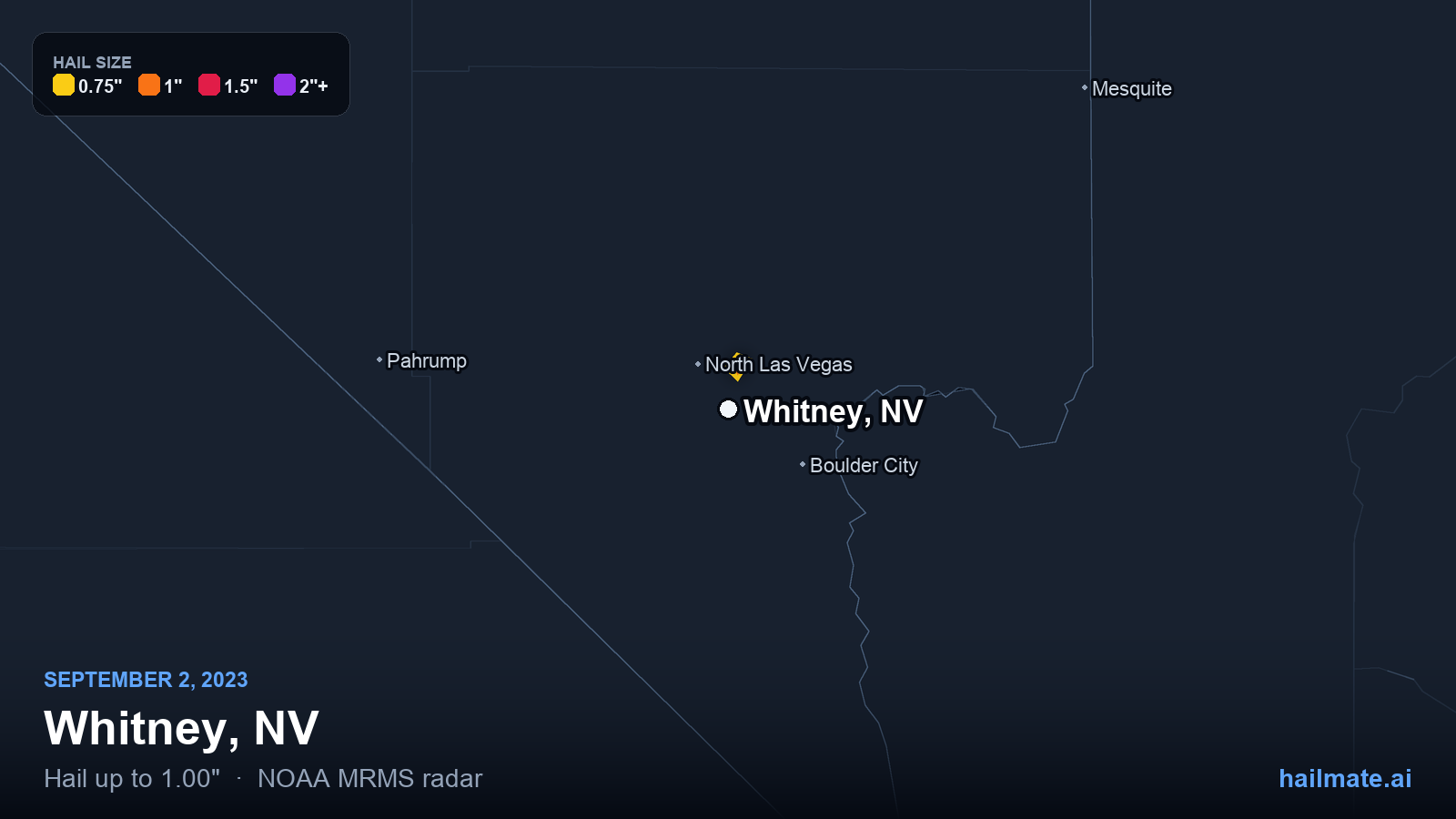 Hail swath map for Whitney, NV on September 2, 2023 showing 1.00 inch hail.