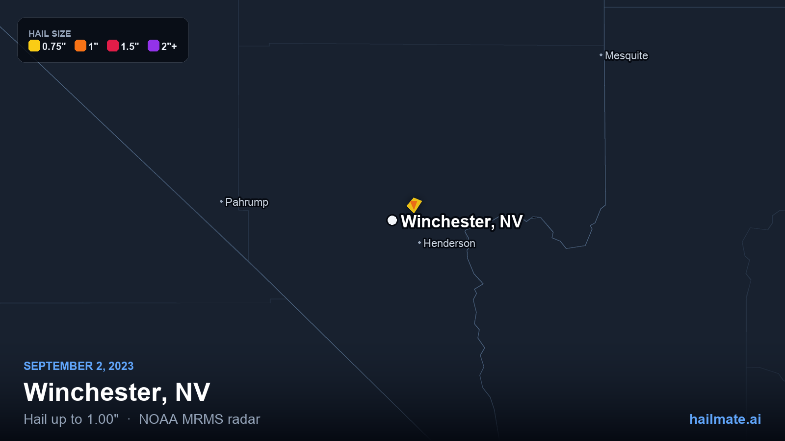 Hail swath map for Winchester, NV on September 2, 2023 showing 1.00 inch hail.