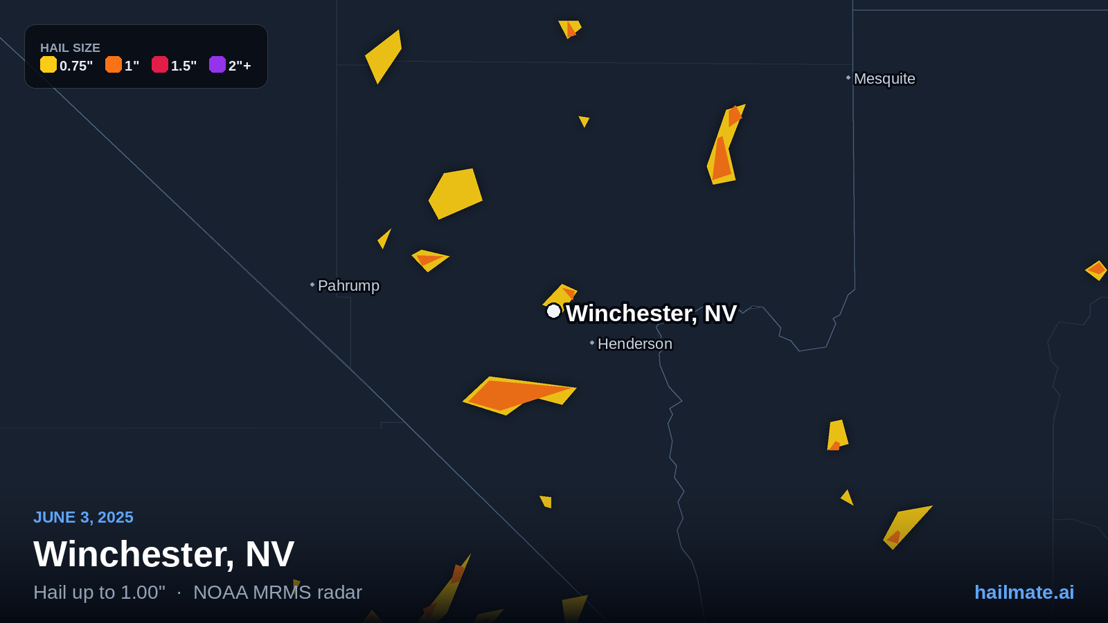 Hail swath map for Winchester, NV on June 3, 2025 showing 1.00 inch hail.