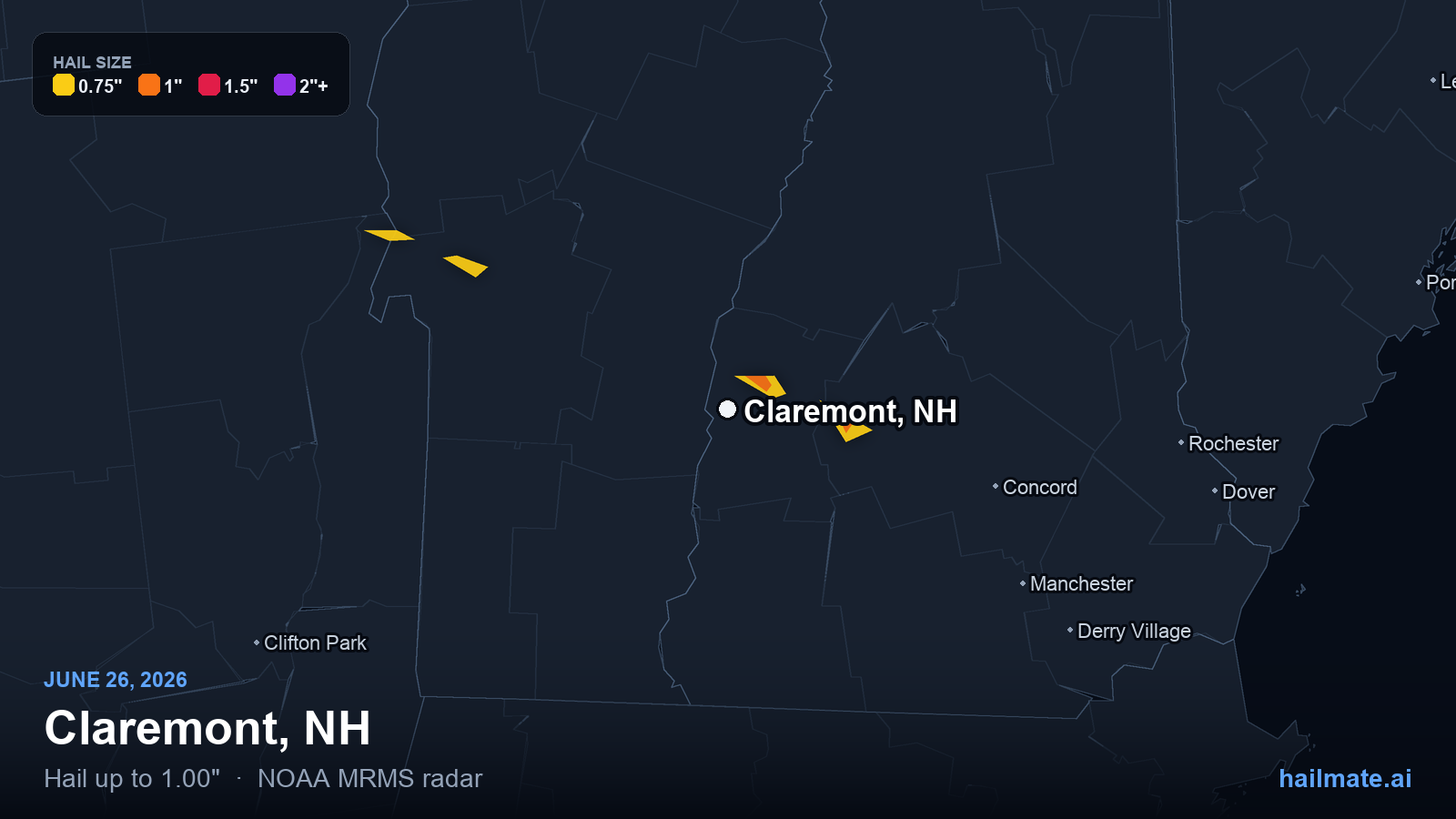 Hail swath map for Claremont, NH on June 26, 2026 showing 1.00 inch hail.