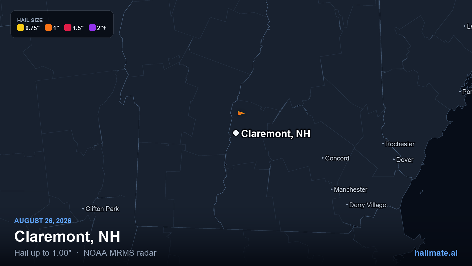 Hail swath map for Claremont, NH on August 26, 2026 showing 1.00 inch hail.