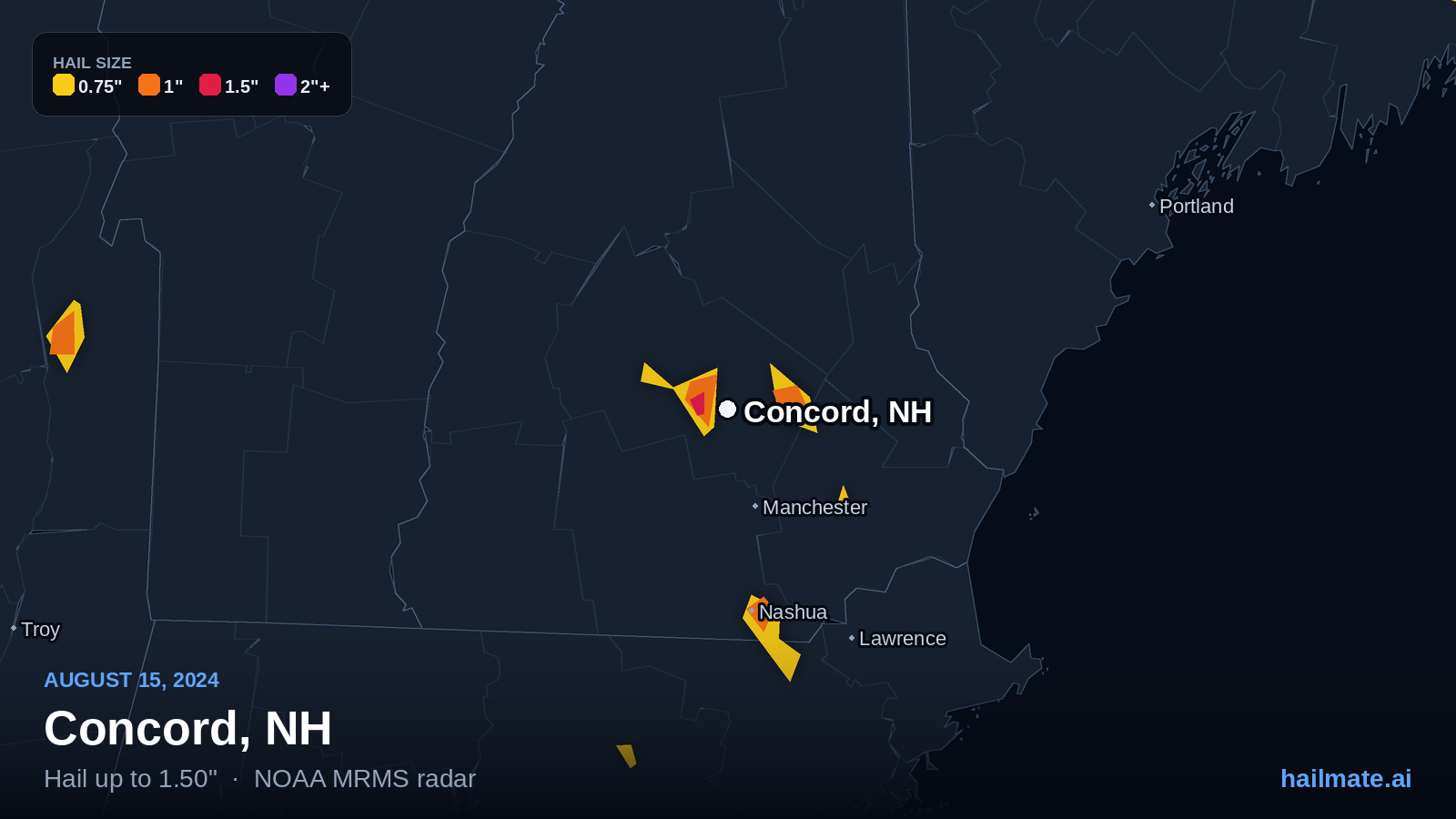 Hail swath map for Concord, NH on August 15, 2024 showing 1.50 inch hail.