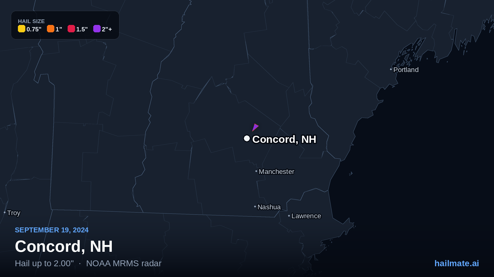 Hail swath map for Concord, NH on September 19, 2024 showing 2.00 inch hail.