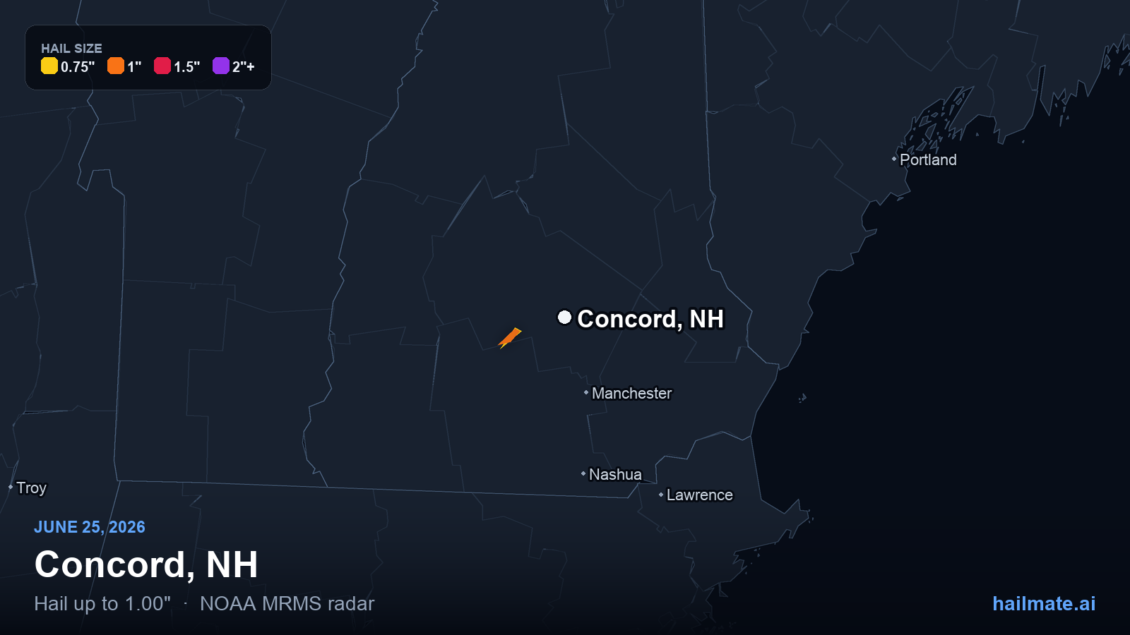 Hail swath map for Concord, NH on June 25, 2026 showing 1.00 inch hail.
