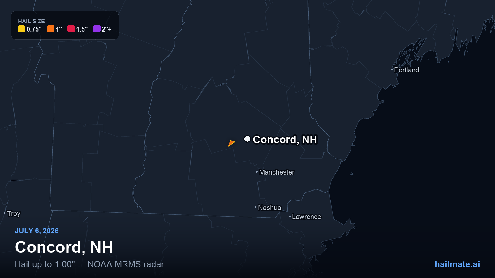 Hail swath map for Concord, NH on July 6, 2026 showing 1.00 inch hail.