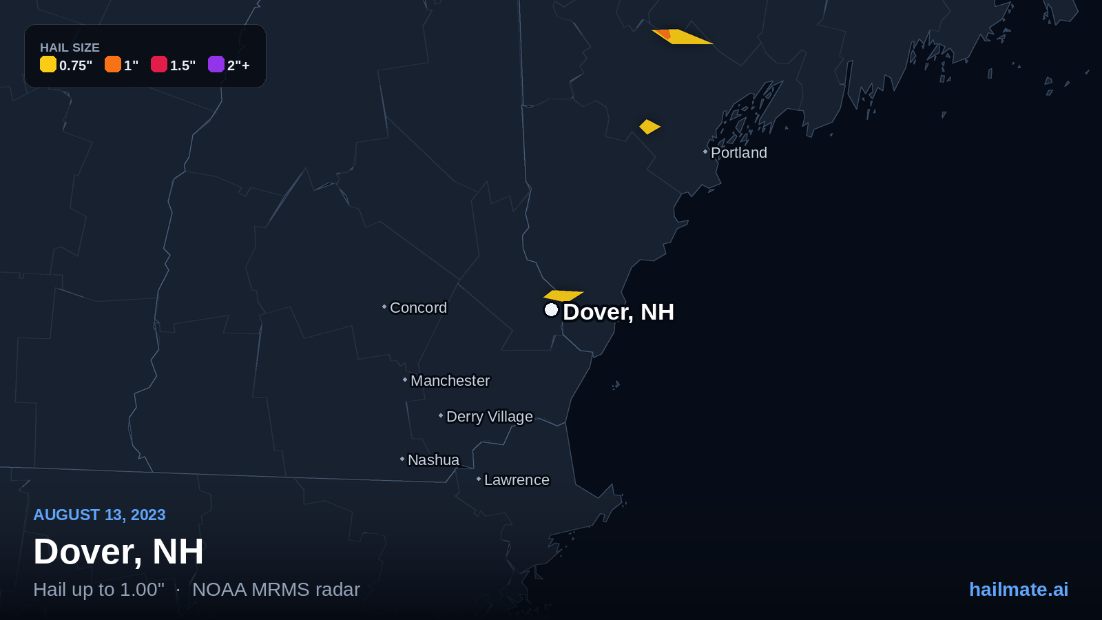 Hail swath map for Dover, NH on August 13, 2023 showing 1.00 inch hail.
