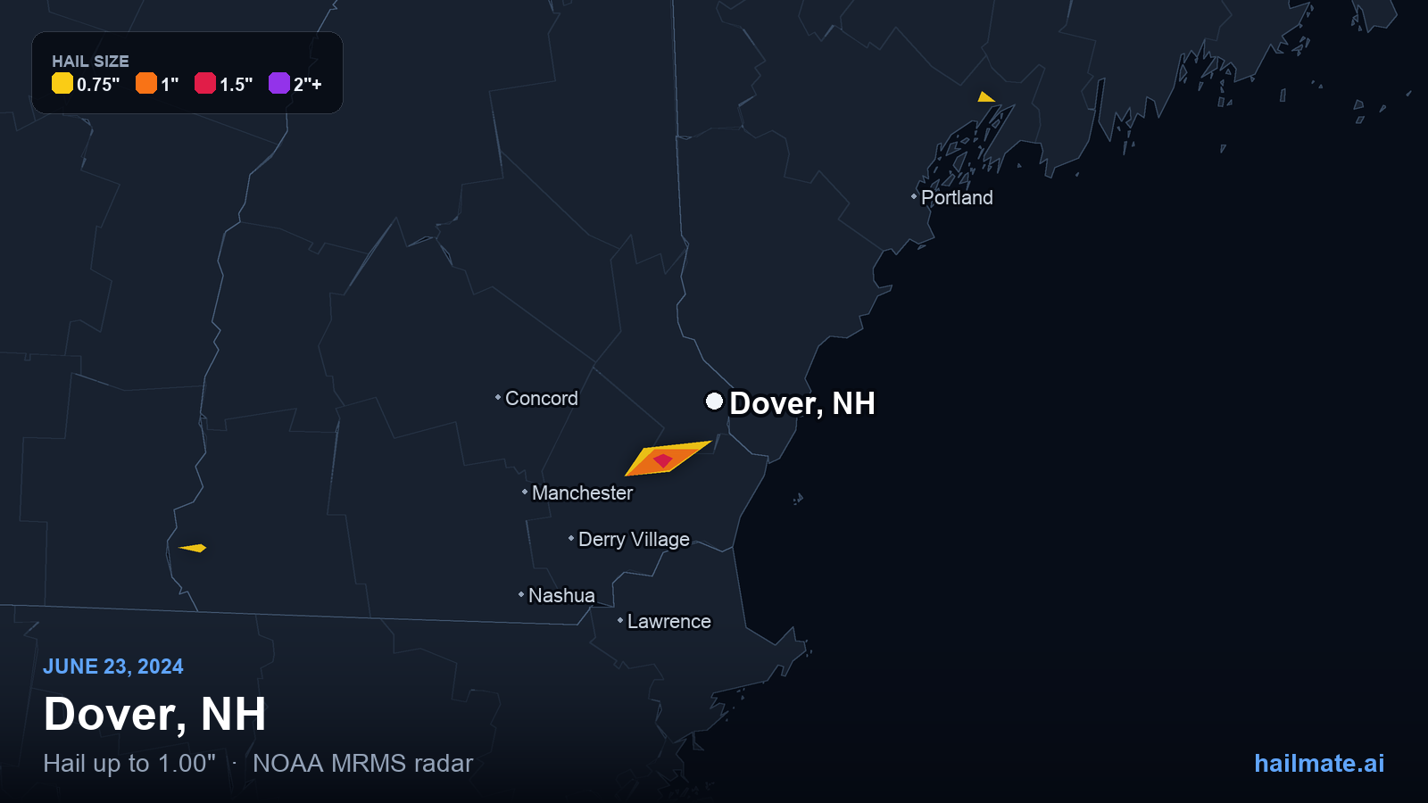 Hail swath map for Dover, NH on June 23, 2024 showing 1.00 inch hail.