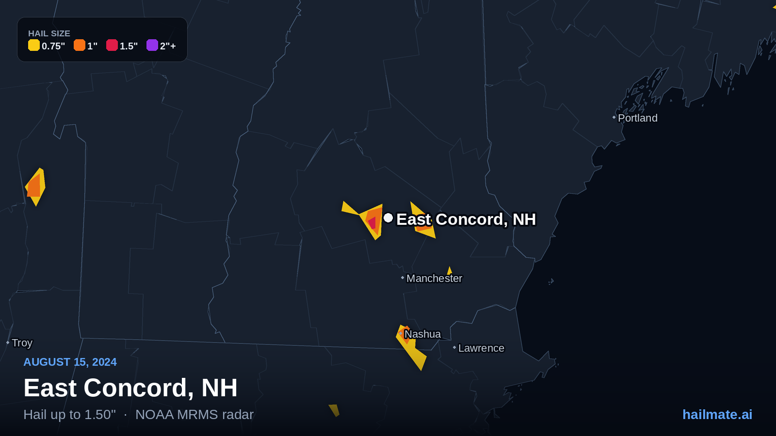 Hail swath map for East Concord, NH on August 15, 2024 showing 1.50 inch hail.