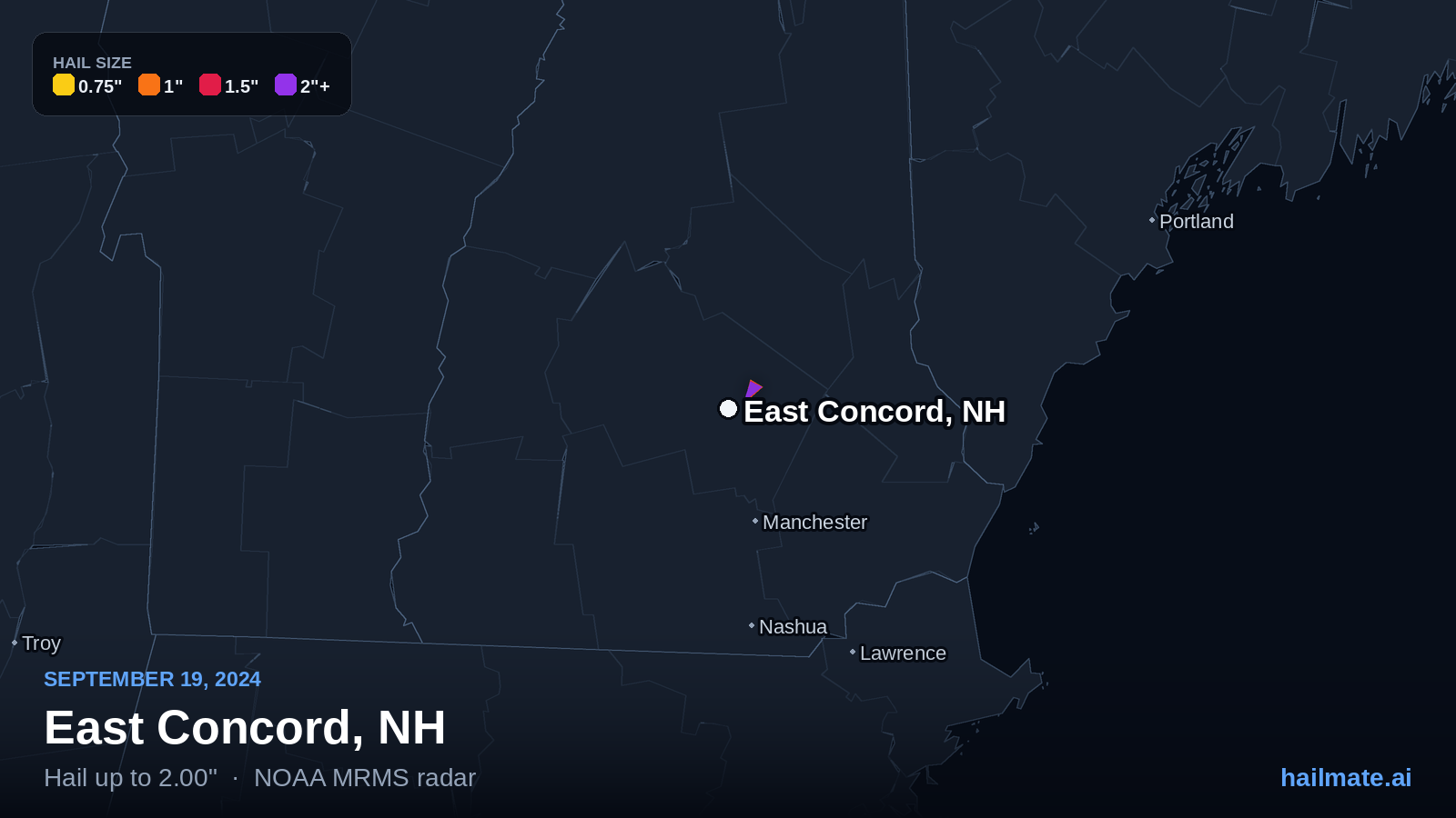 Hail swath map for East Concord, NH on September 19, 2024 showing 2.00 inch hail.