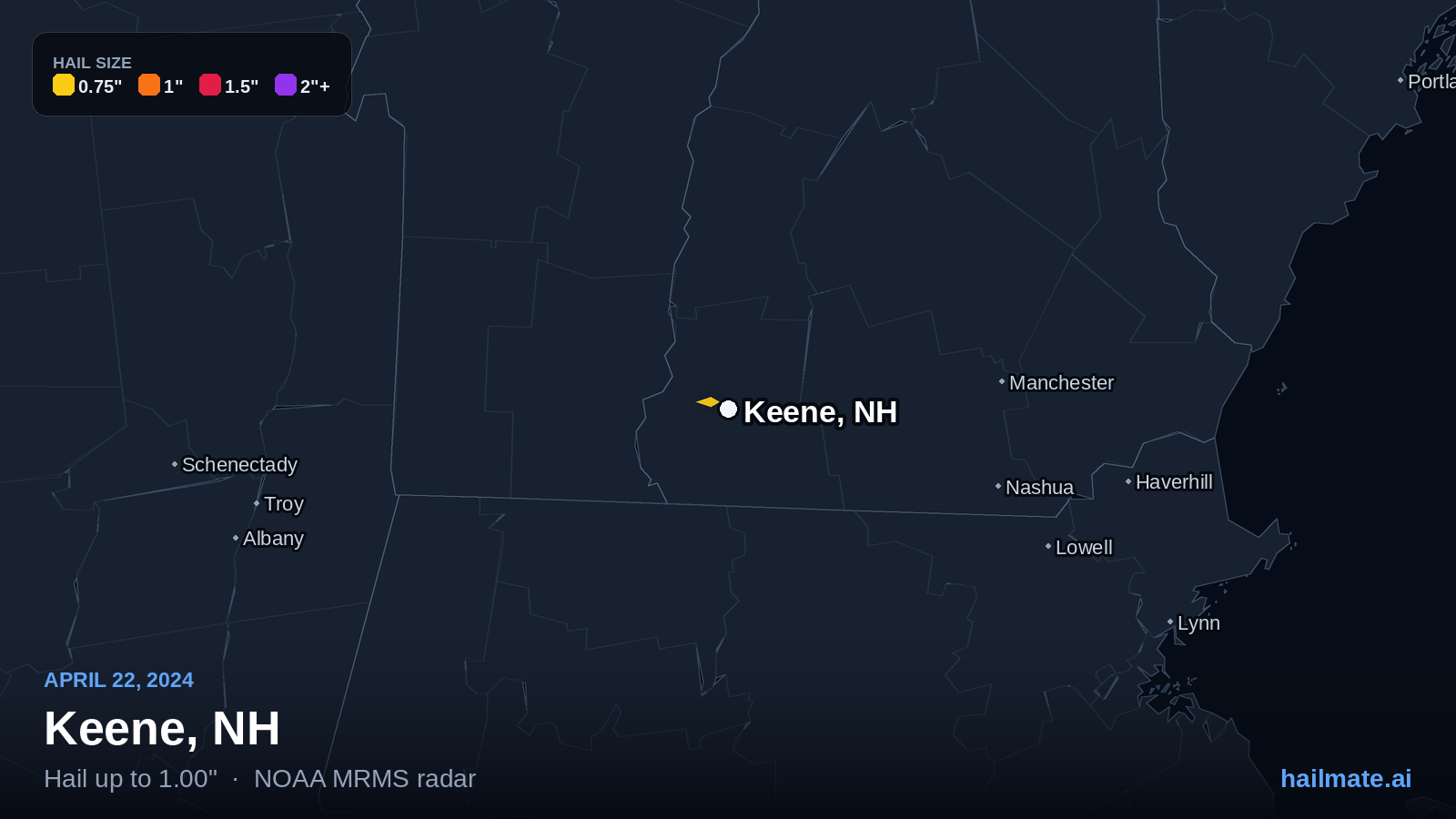 Hail swath map for Keene, NH on April 22, 2024 showing 1.00 inch hail.