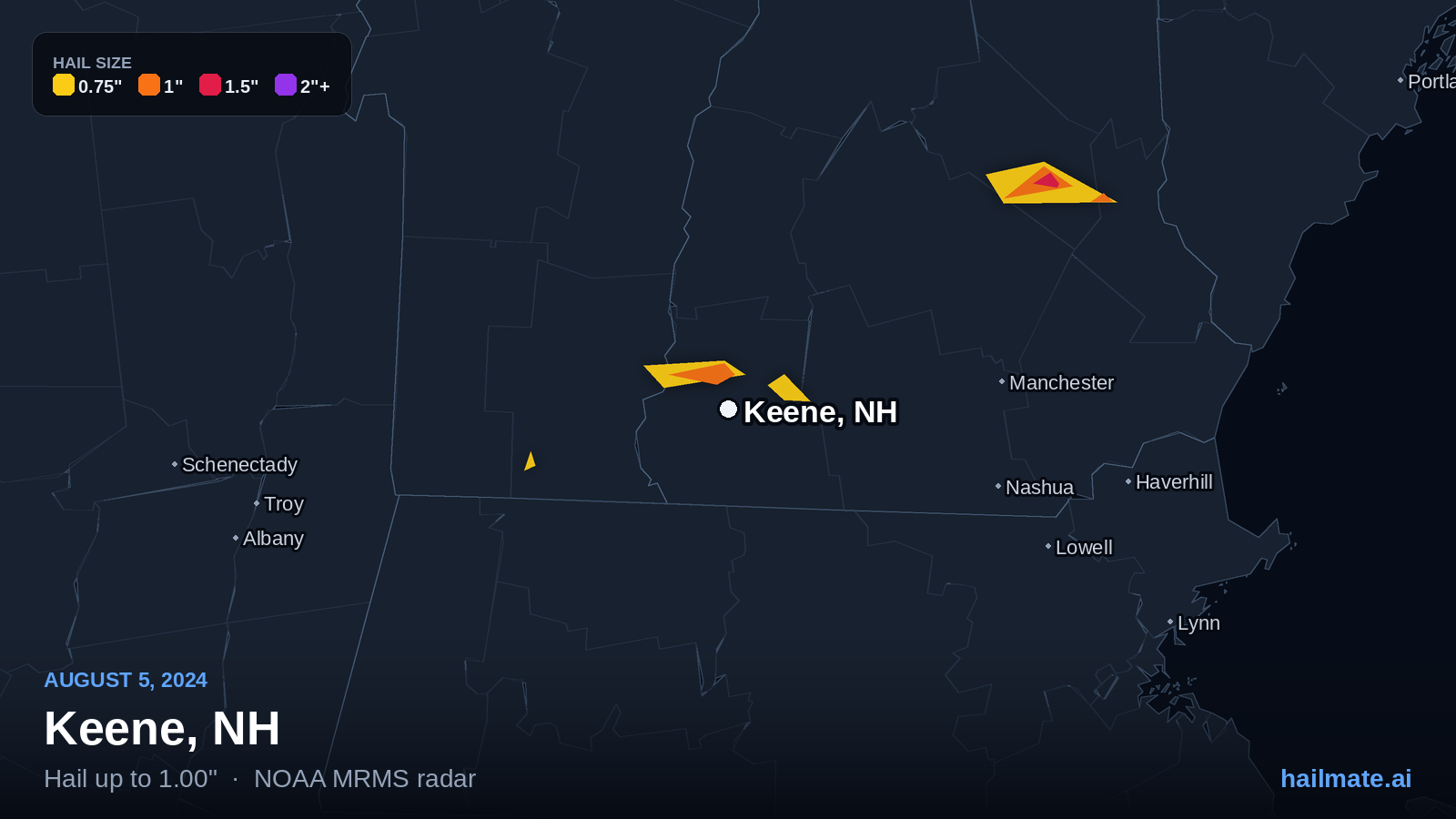 Hail swath map for Keene, NH on August 5, 2024 showing 1.00 inch hail.