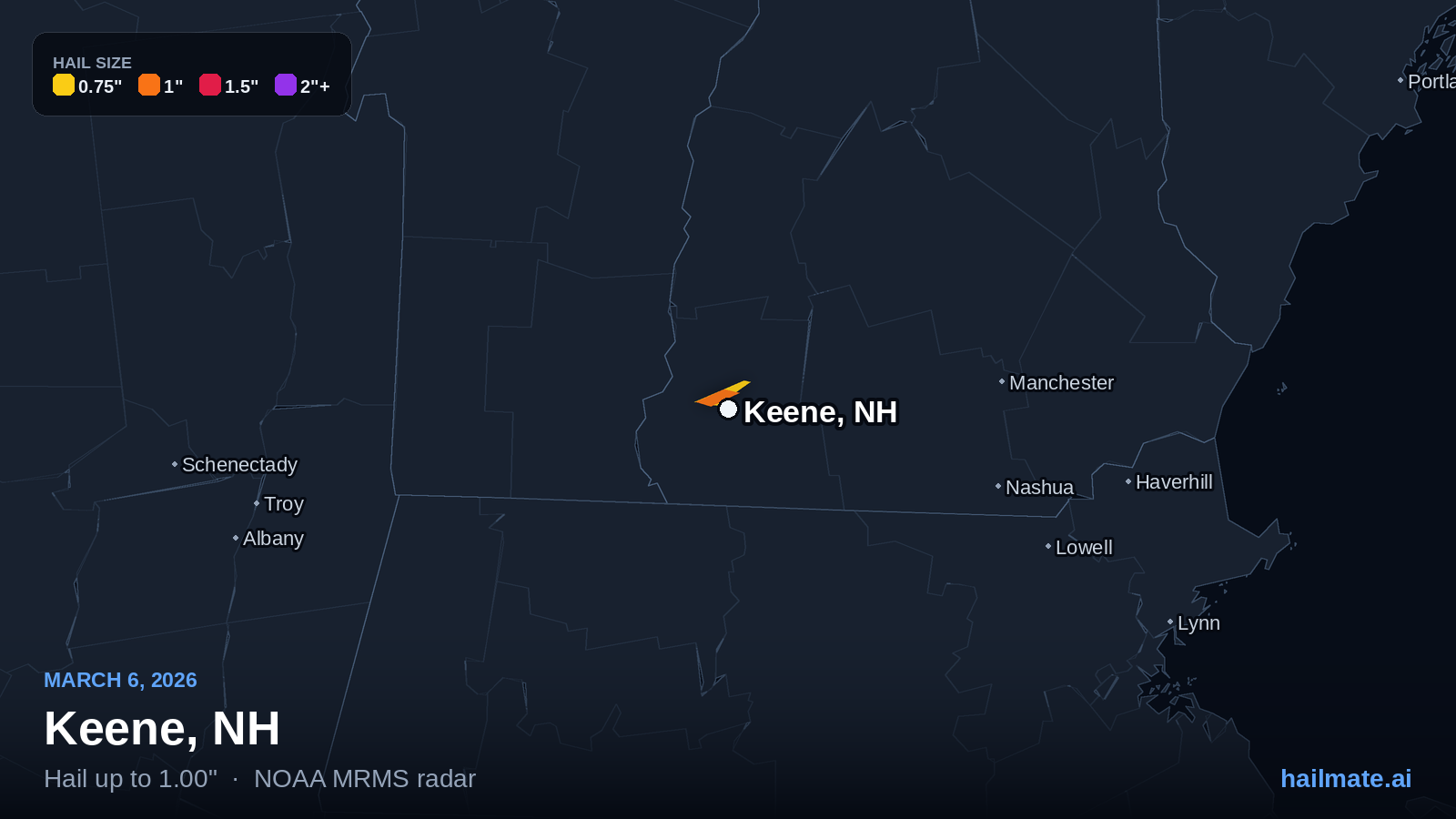 Hail swath map for Keene, NH on March 6, 2026 showing 1.00 inch hail.