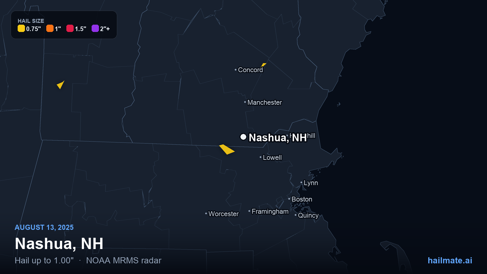 Hail swath map for Nashua, NH on August 13, 2025 showing 1.00 inch hail.