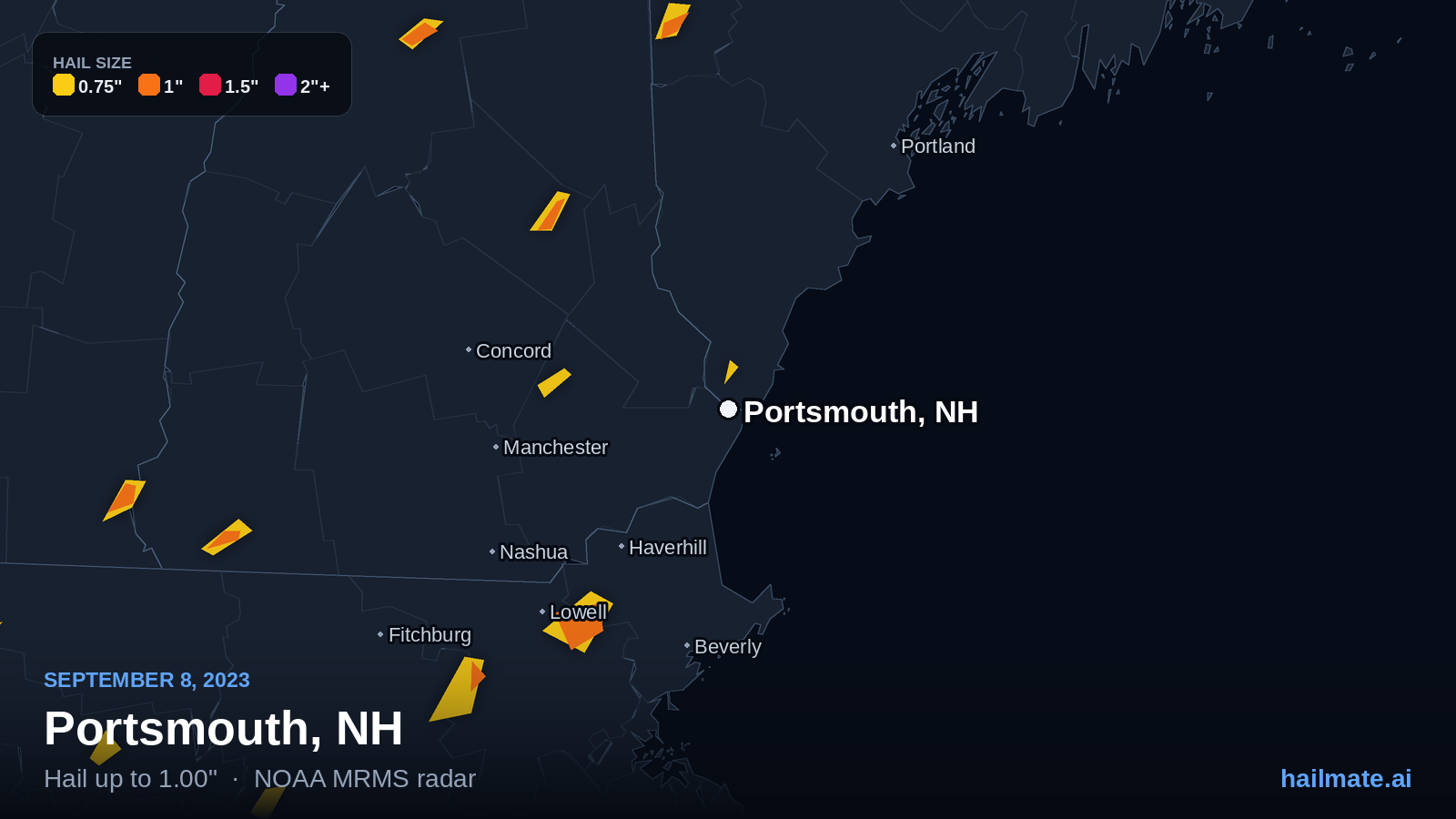 Hail swath map for Portsmouth, NH on September 8, 2023 showing 1.00 inch hail.