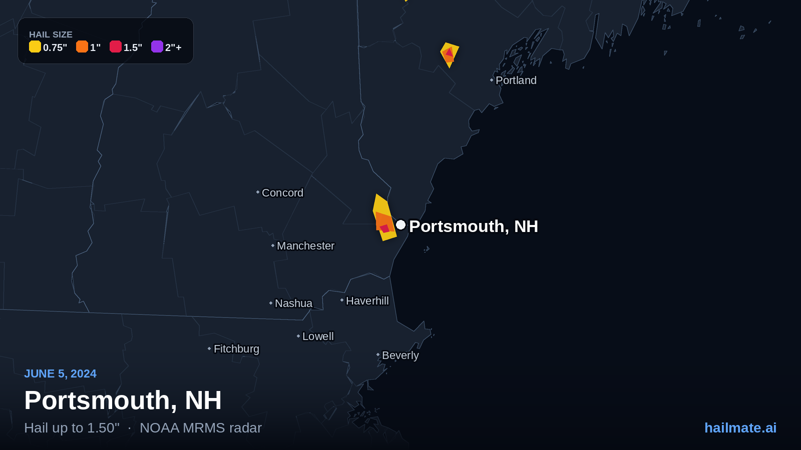 Hail swath map for Portsmouth, NH on June 5, 2024 showing 1.50 inch hail.
