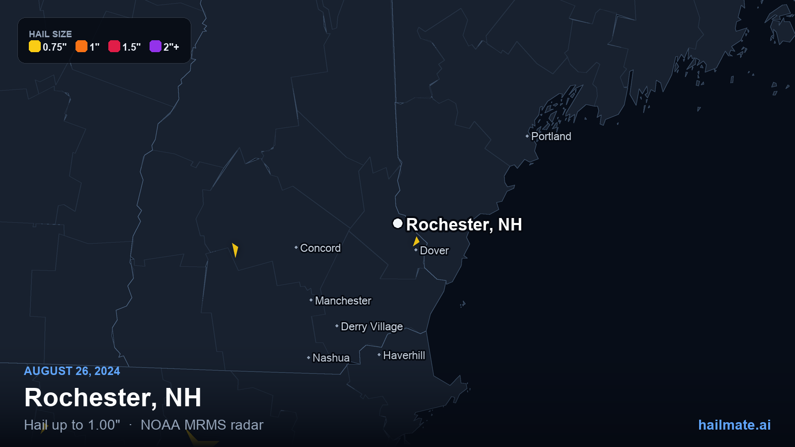 Hail swath map for Rochester, NH on August 26, 2024 showing 1.00 inch hail.
