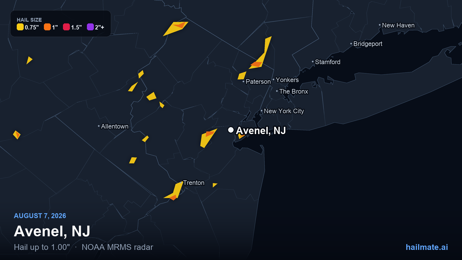 Hail swath map for Avenel, NJ on August 7, 2026 showing 1.00 inch hail.