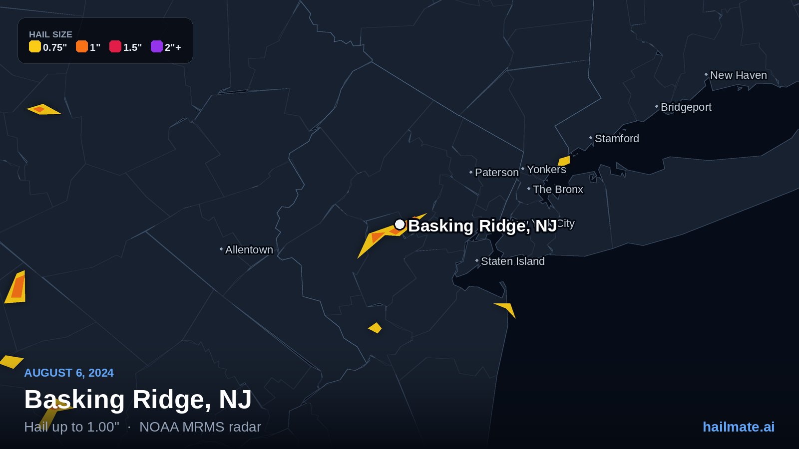Hail swath map for Basking Ridge, NJ on August 6, 2024 showing 1.00 inch hail.