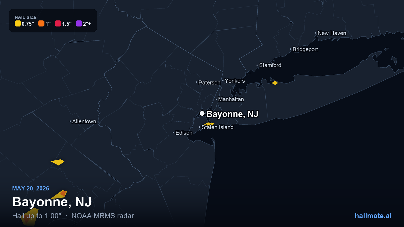 Hail swath map for Bayonne, NJ on May 20, 2026 showing 1.00 inch hail.