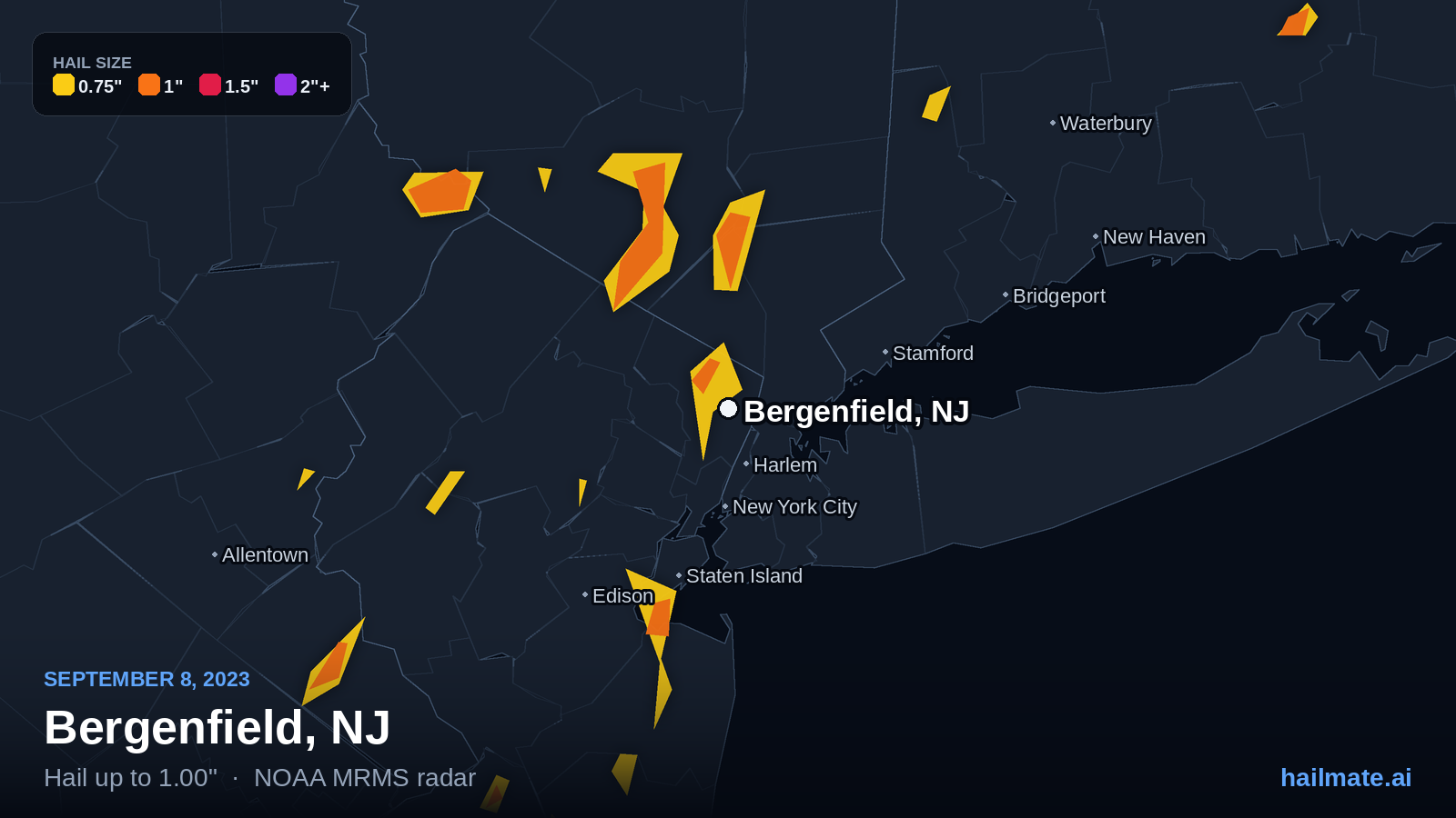 Hail swath map for Bergenfield, NJ on September 8, 2023 showing 1.00 inch hail.