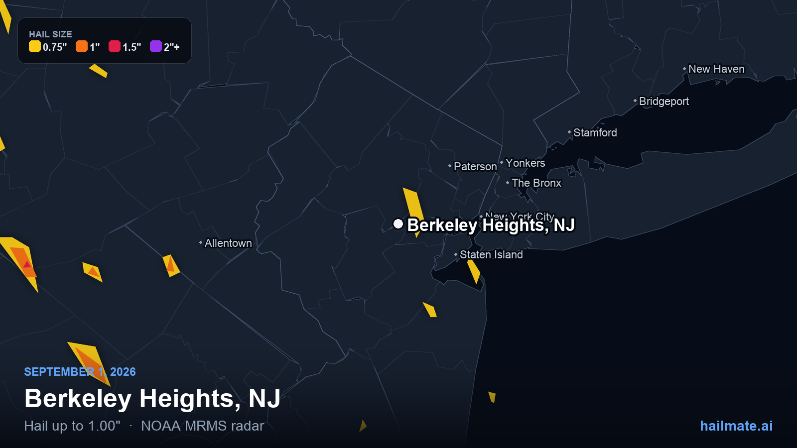 Hail swath map for Berkeley Heights, NJ on September 1, 2026 showing 1.00 inch hail.