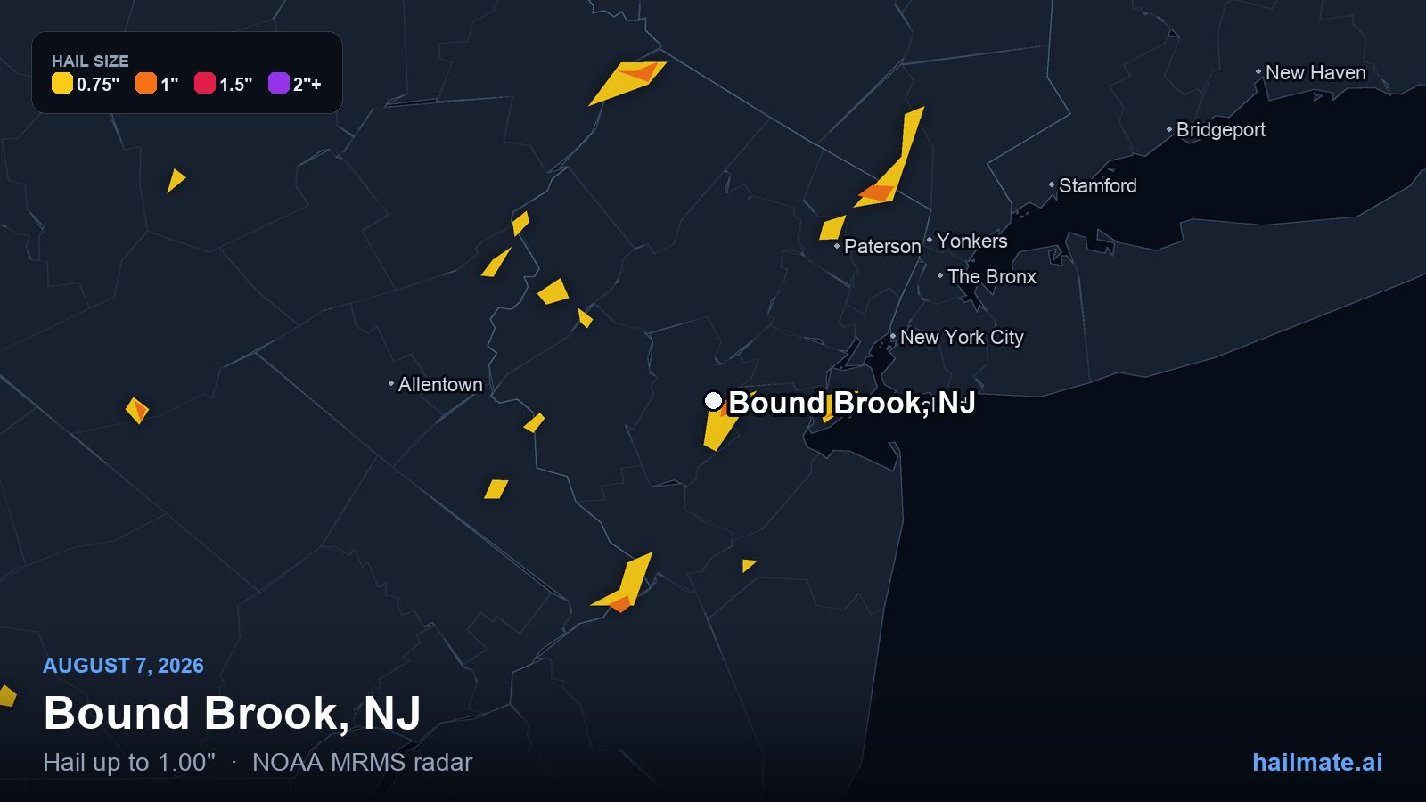 Hail swath map for Bound Brook, NJ on August 7, 2026 showing 1.00 inch hail.