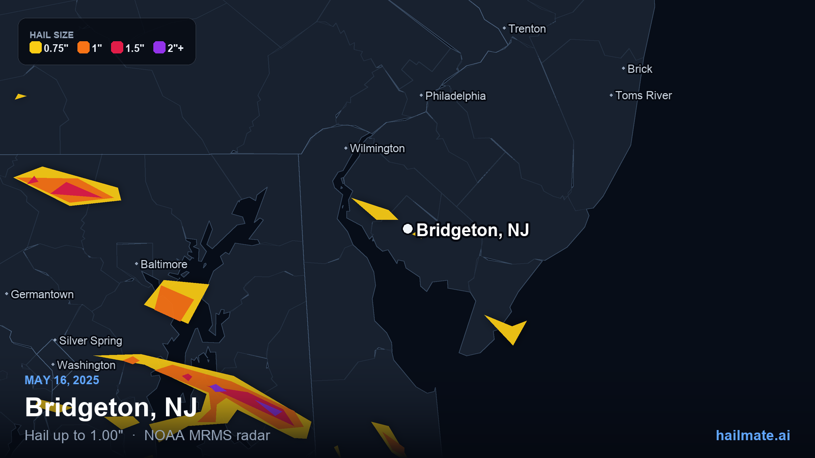 Hail swath map for Bridgeton, NJ on May 16, 2025 showing 1.00 inch hail.