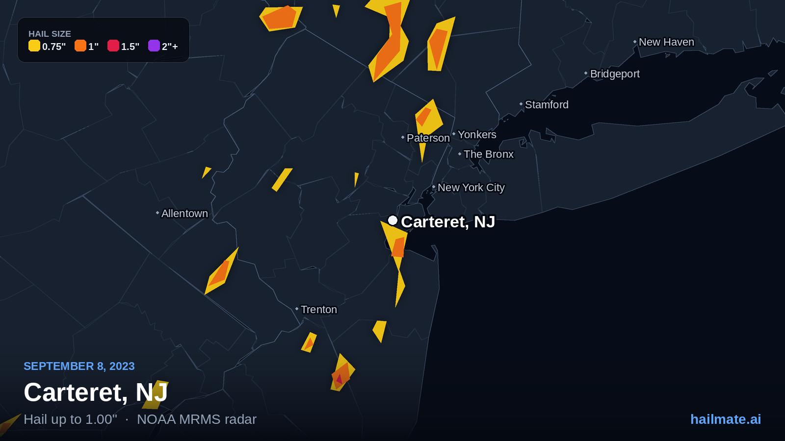 Hail swath map for Carteret, NJ on September 8, 2023 showing 1.00 inch hail.