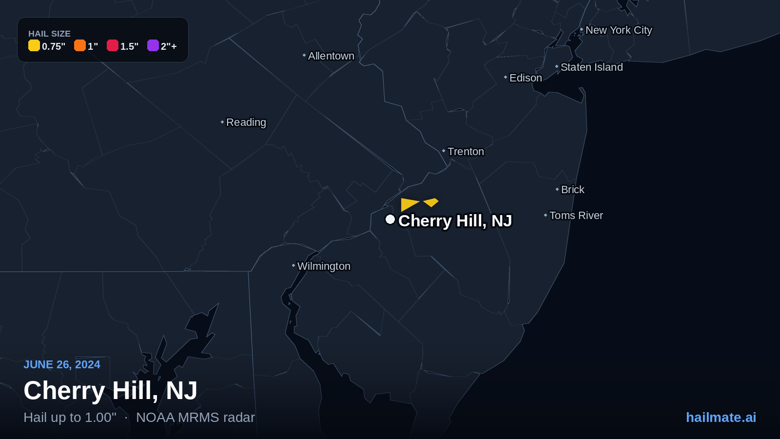 Hail swath map for Cherry Hill, NJ on June 26, 2024 showing 1.00 inch hail.
