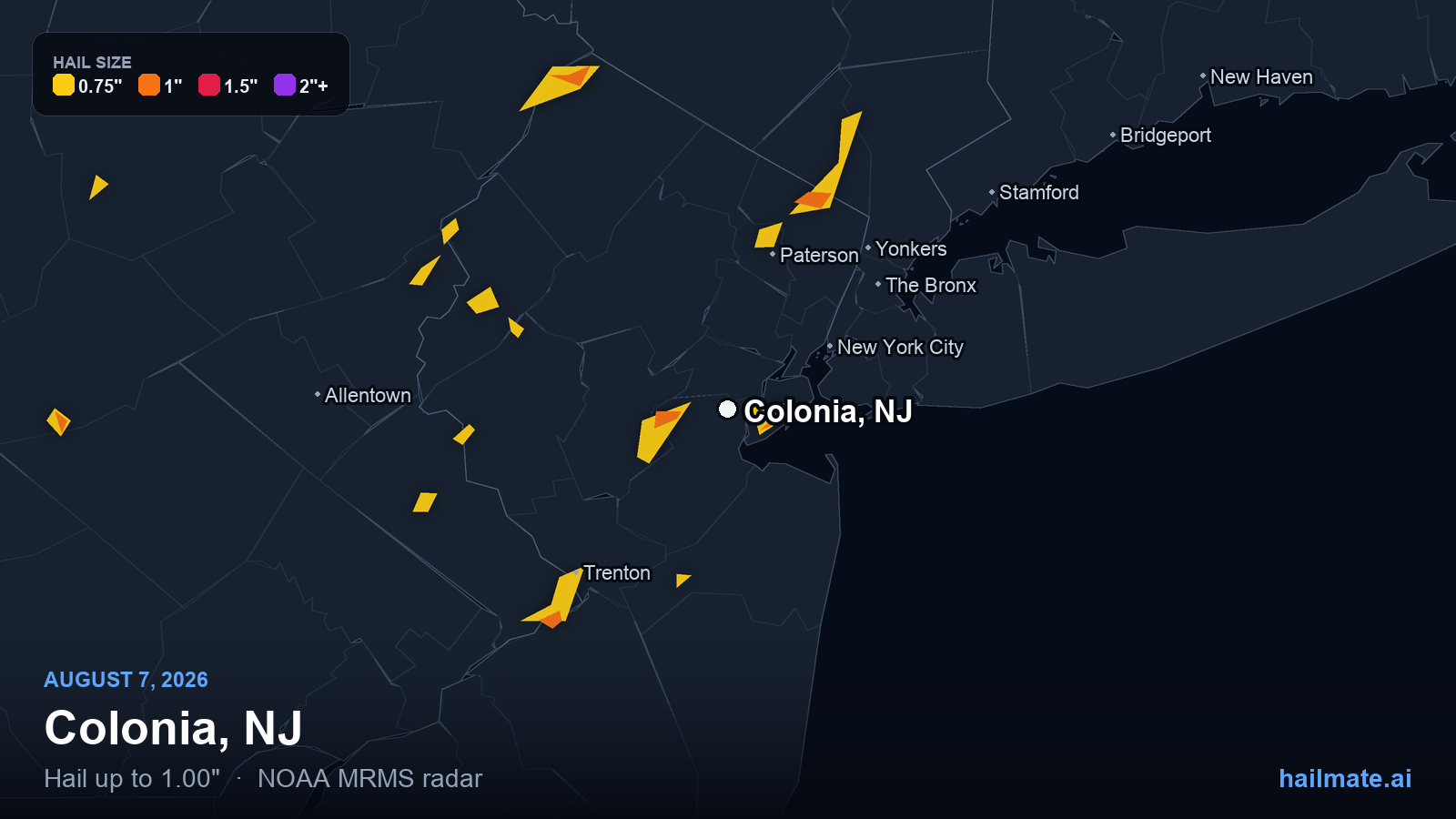 Hail swath map for Colonia, NJ on August 7, 2026 showing 1.00 inch hail.