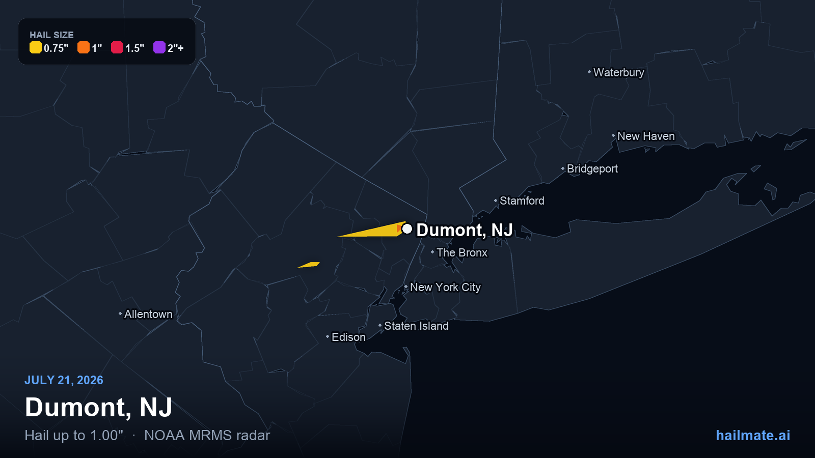 Hail swath map for Dumont, NJ on July 21, 2026 showing 1.00 inch hail.