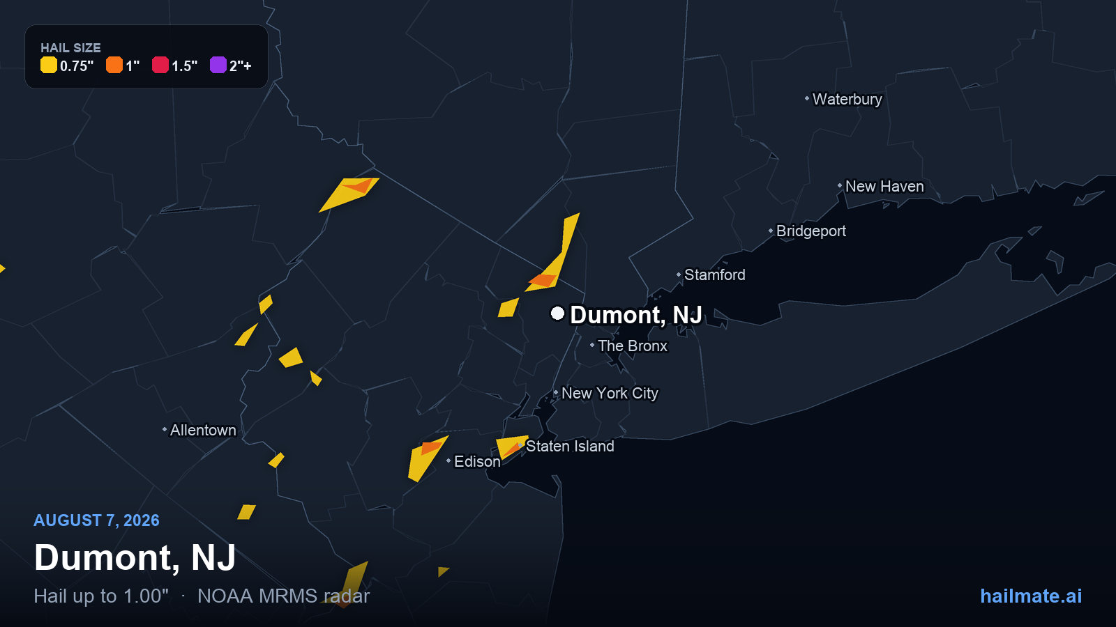 Hail swath map for Dumont, NJ on August 7, 2026 showing 1.00 inch hail.