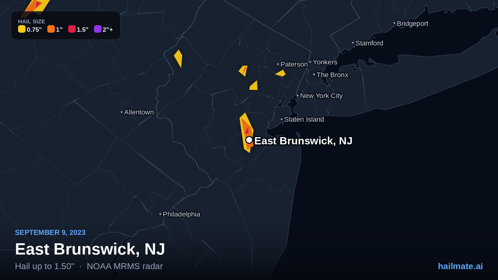 Hail swath map for East Brunswick, NJ on September 9, 2023 showing 1.50 inch hail.