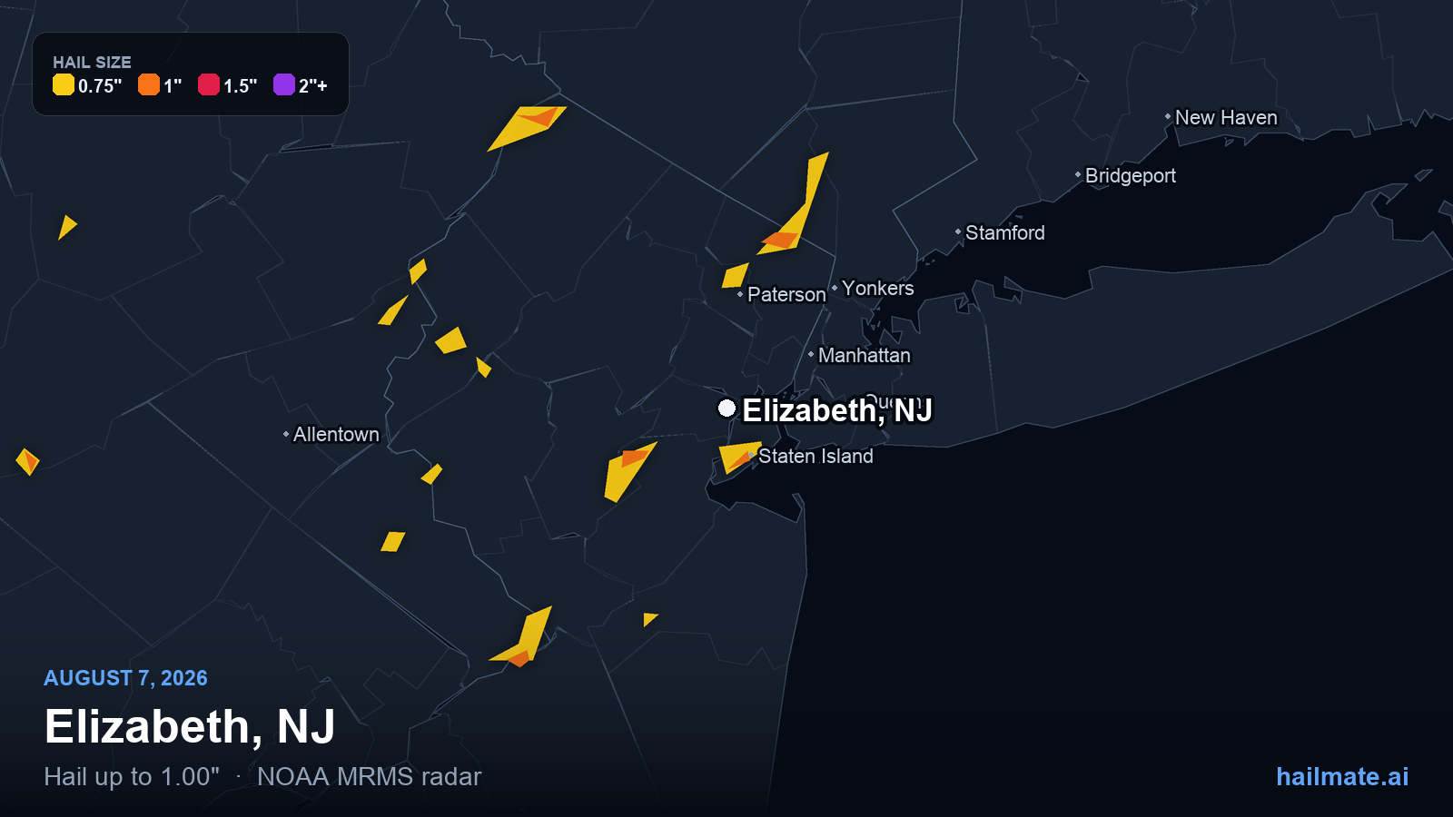 Hail swath map for Elizabeth, NJ on August 7, 2026 showing 1.00 inch hail.