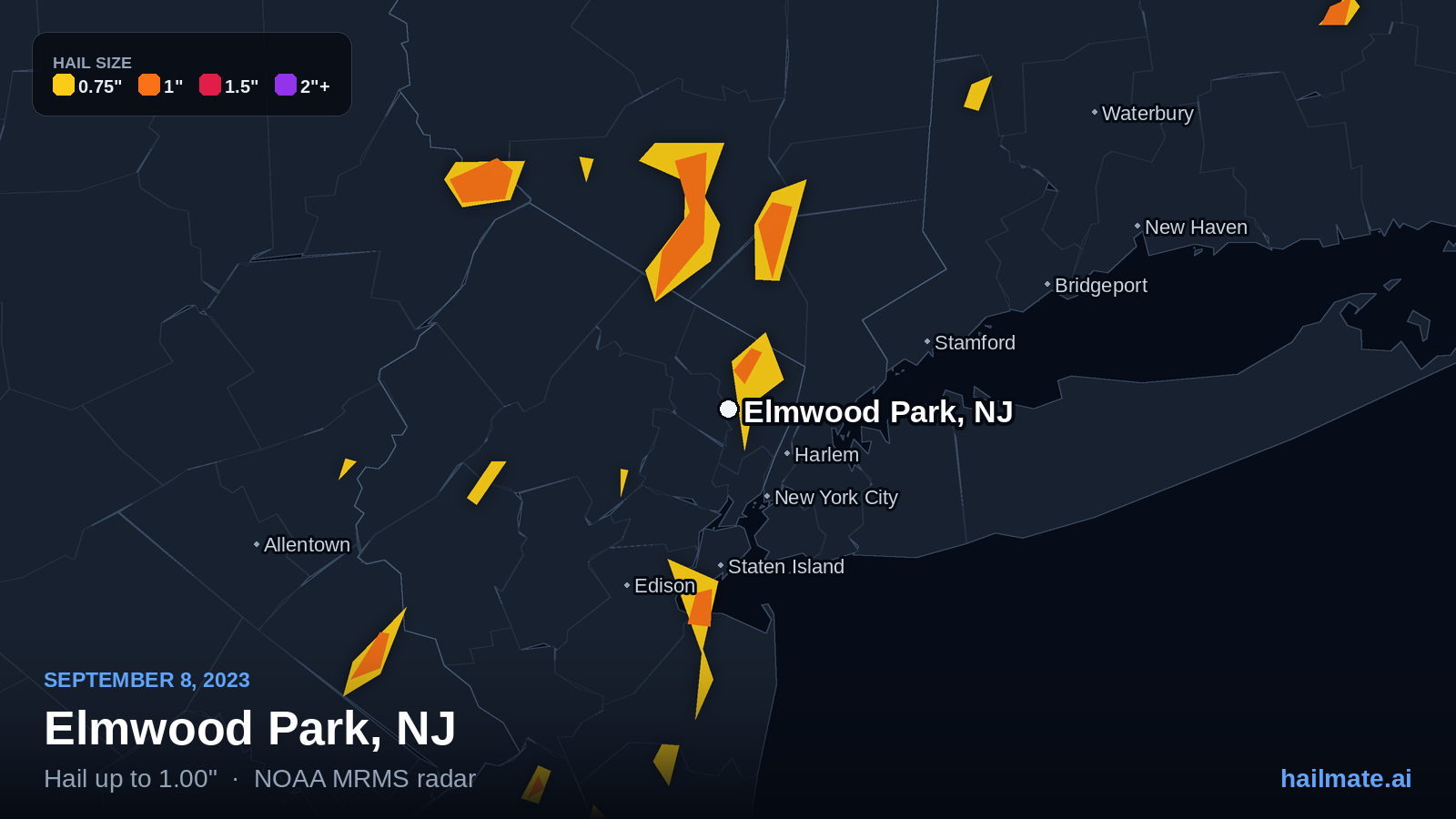 Hail swath map for Elmwood Park, NJ on September 8, 2023 showing 1.00 inch hail.