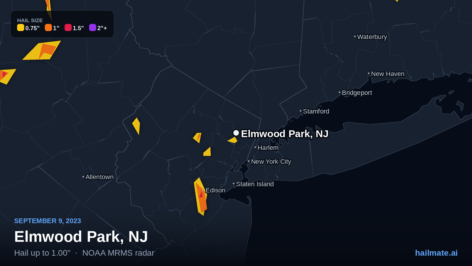 Hail swath map for Elmwood Park, NJ on September 9, 2023 showing 1.00 inch hail.