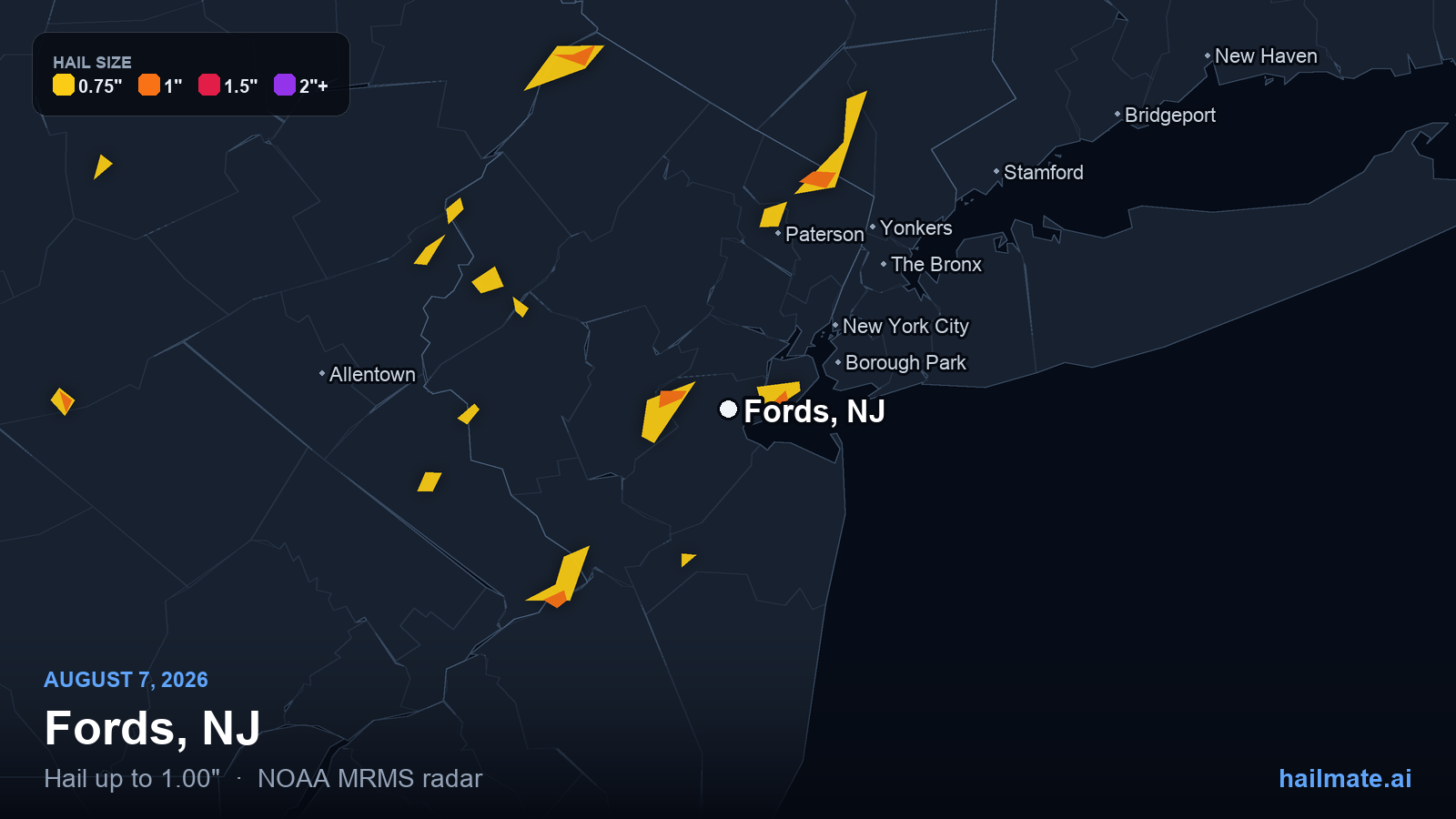 Hail swath map for Fords, NJ on August 7, 2026 showing 1.00 inch hail.