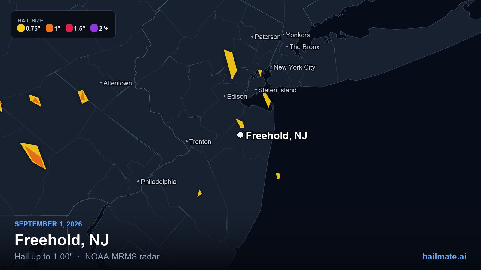 Hail swath map for Freehold, NJ on September 1, 2026 showing 1.00 inch hail.