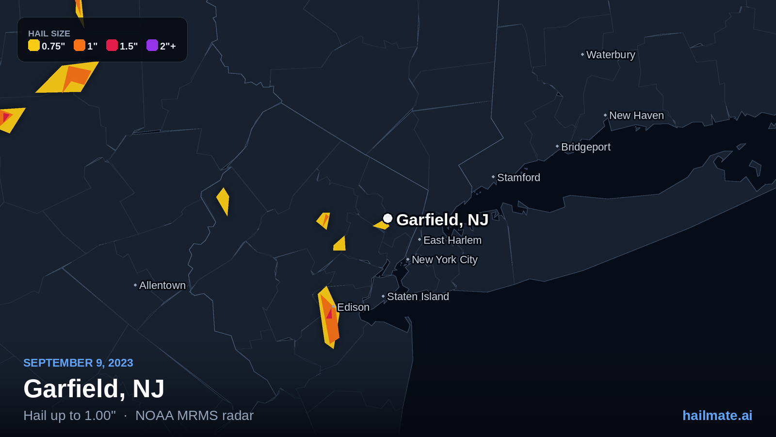 Hail swath map for Garfield, NJ on September 9, 2023 showing 1.00 inch hail.