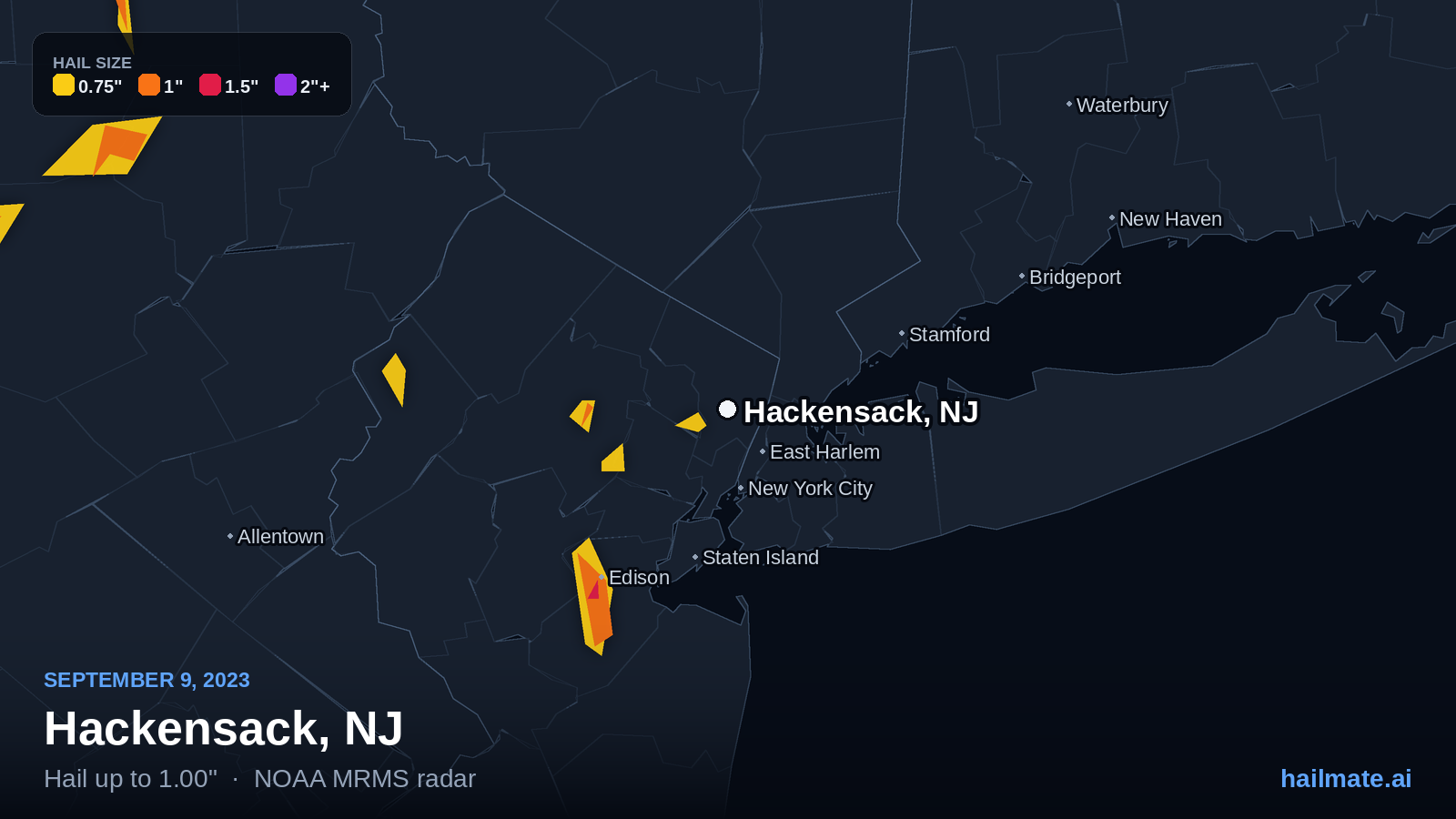 Hail swath map for Hackensack, NJ on September 9, 2023 showing 1.00 inch hail.