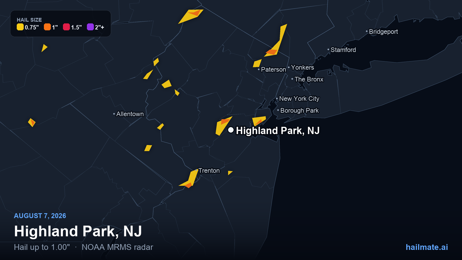 Hail swath map for Highland Park, NJ on August 7, 2026 showing 1.00 inch hail.